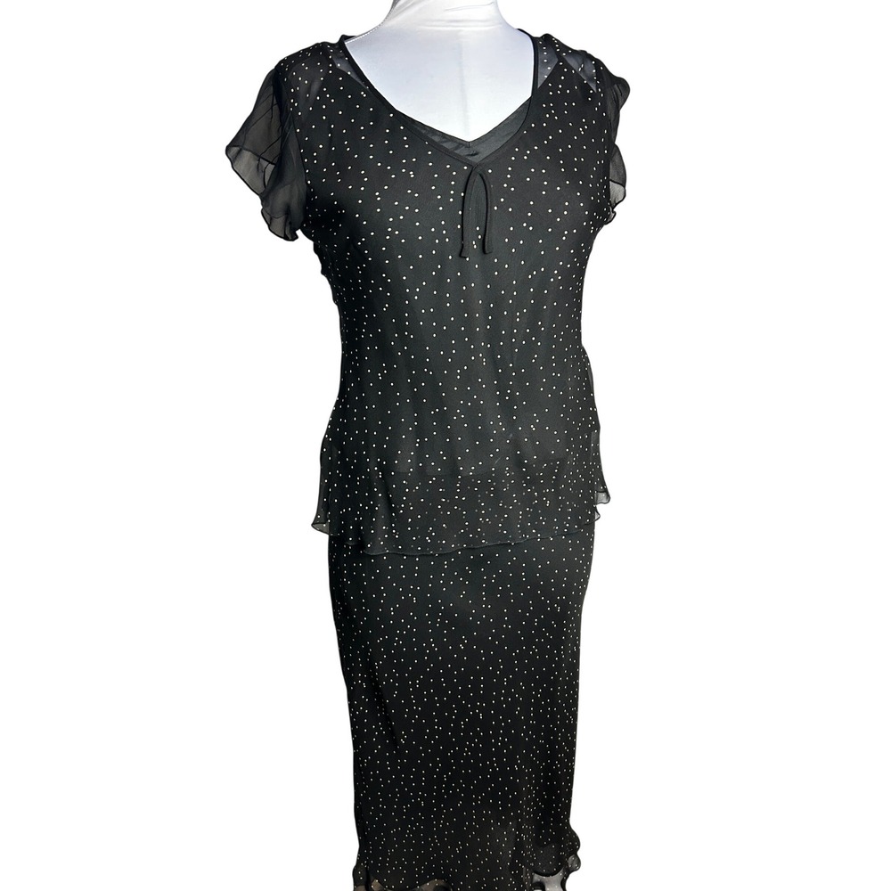 Vintage 90s Polka Dot 3 Piece Set Sheer Silk Blouse Skirt & Camisole Black White